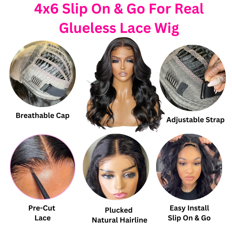 Small 4x6 Slip On & Go For Real Glueless Ventilated Small Size Dome Cap Lace Wigs 180% Density